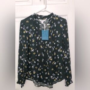 Market & Spruce Dark Green Lightweight Flowy Floral Women Top Pansy Flowers